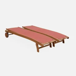 Pair of wooden and textilene sun loungers