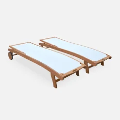 Pair of wooden and textilene sun loungers