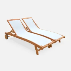 Pair of wooden and textilene sun loungers