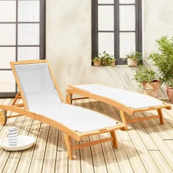 Pair of wooden and textilene sun loungers