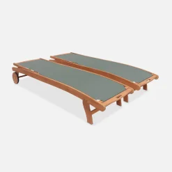 Pair of wooden and textilene sun loungers
