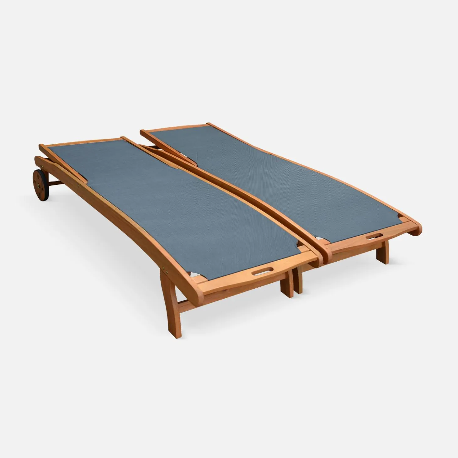 Pair of wooden and textilene sun loungers