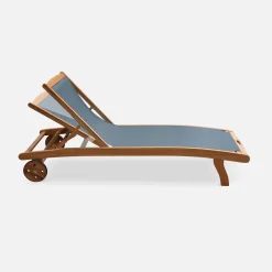 Pair of wooden and textilene sun loungers