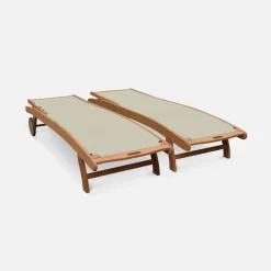 Pair of wooden and textilene sun loungers