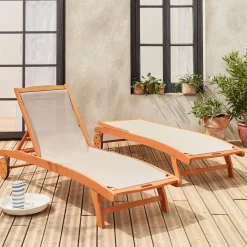 Pair of wooden and textilene sun loungers