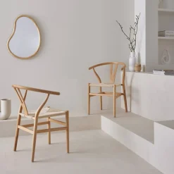 Pair of wooden chair with rope seat