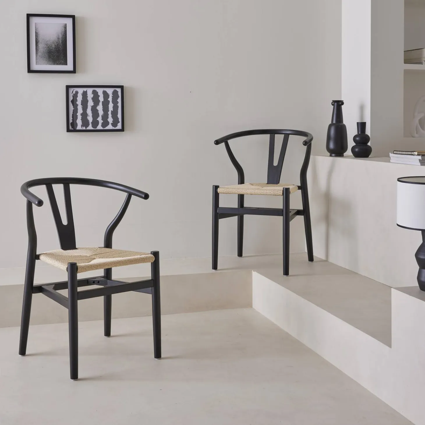 Pair of wooden chair with rope seat