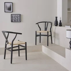 Pair of wooden chair with rope seat