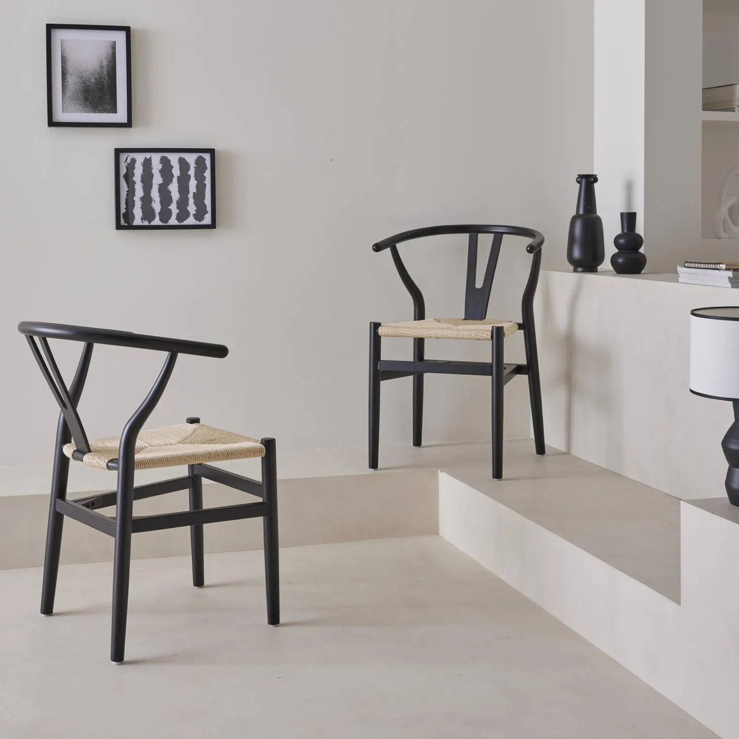 Pair of wooden chair with rope seat