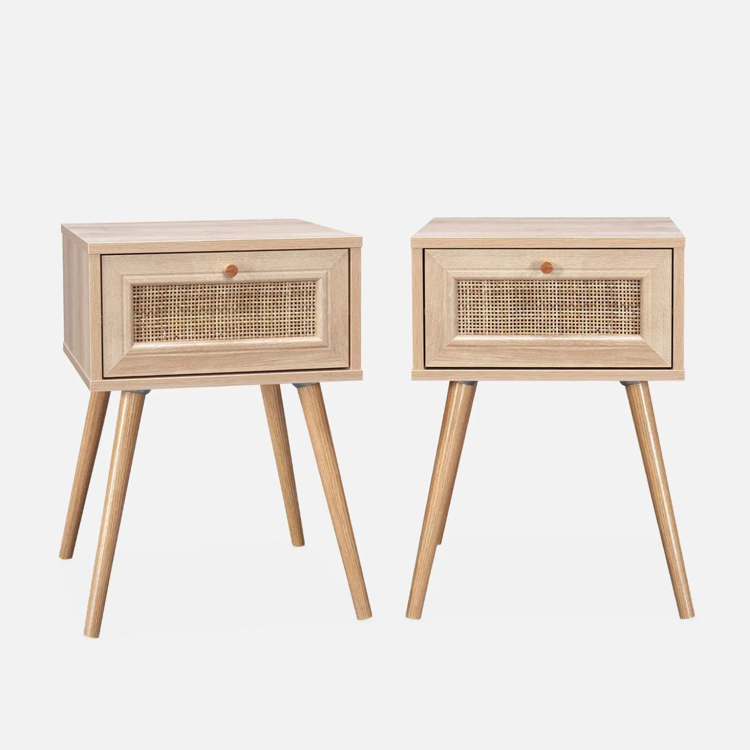 Pair of woven rattan bedside tables with drawer