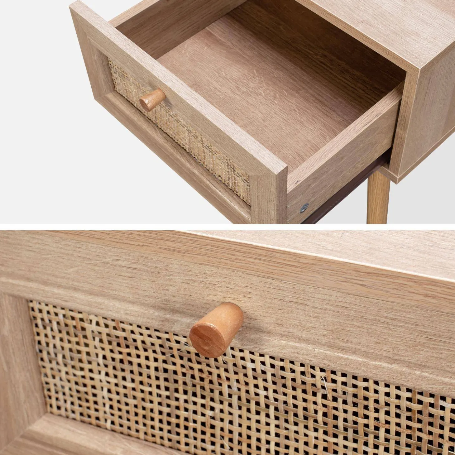 Pair of woven rattan bedside tables with drawer