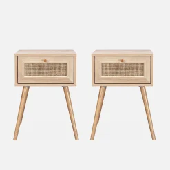 Pair of woven rattan bedside tables with drawer