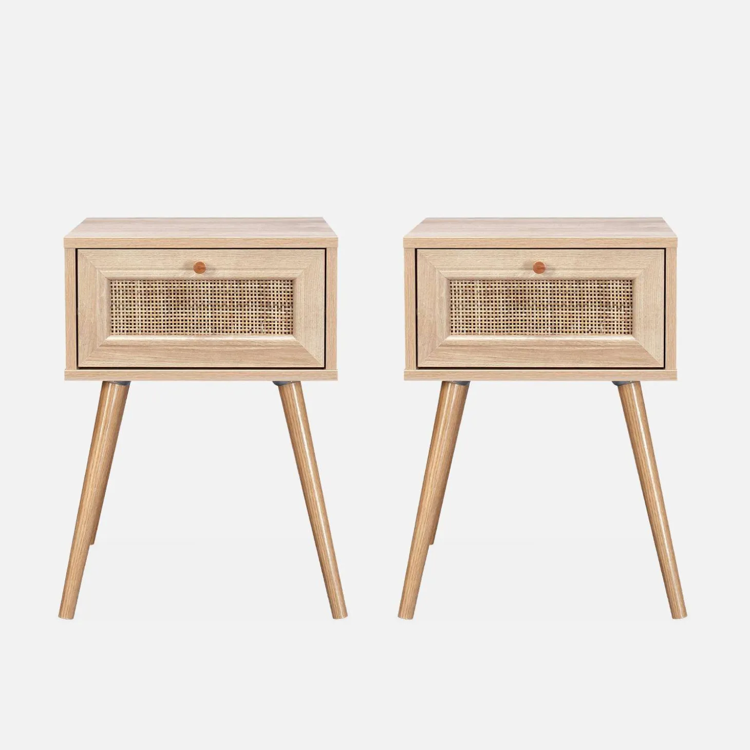 Pair of woven rattan bedside tables with drawer
