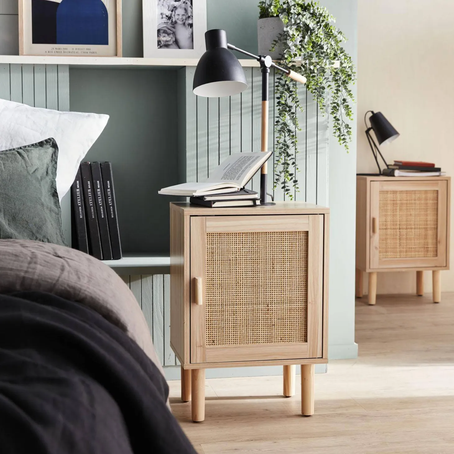 Pair of woven rattan bedside tables