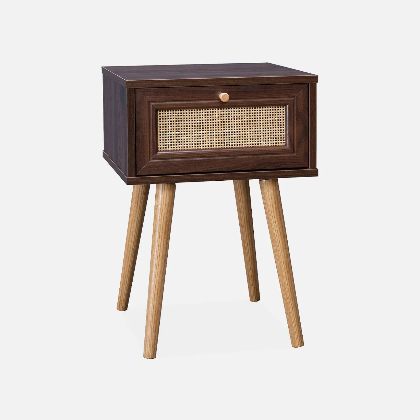 Pair of woven rattan bedside tables with drawer