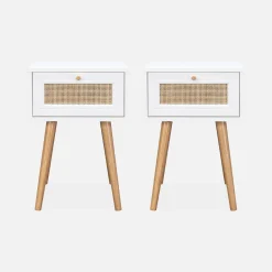 Pair of woven rattan bedside tables with drawer