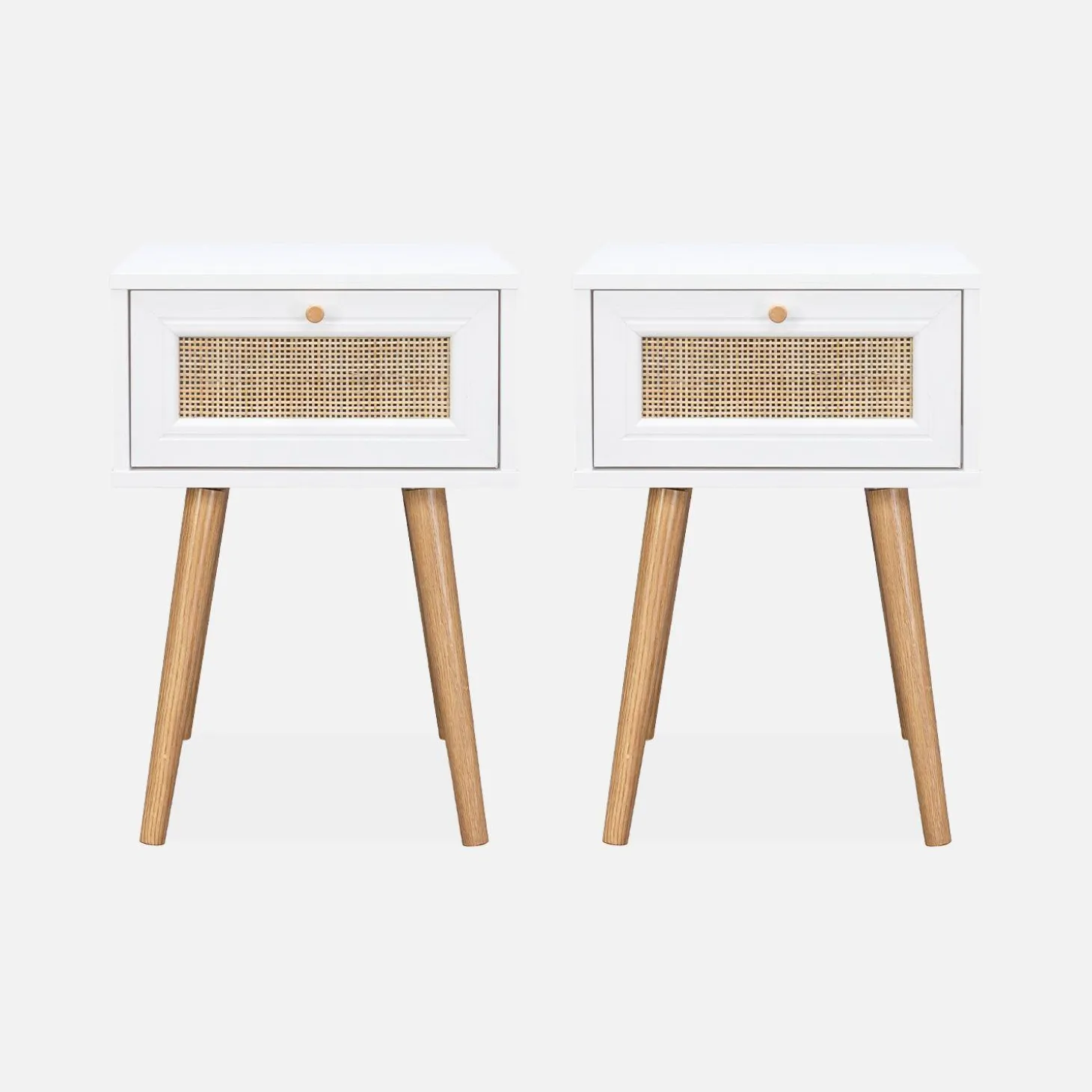Pair of woven rattan bedside tables with drawer