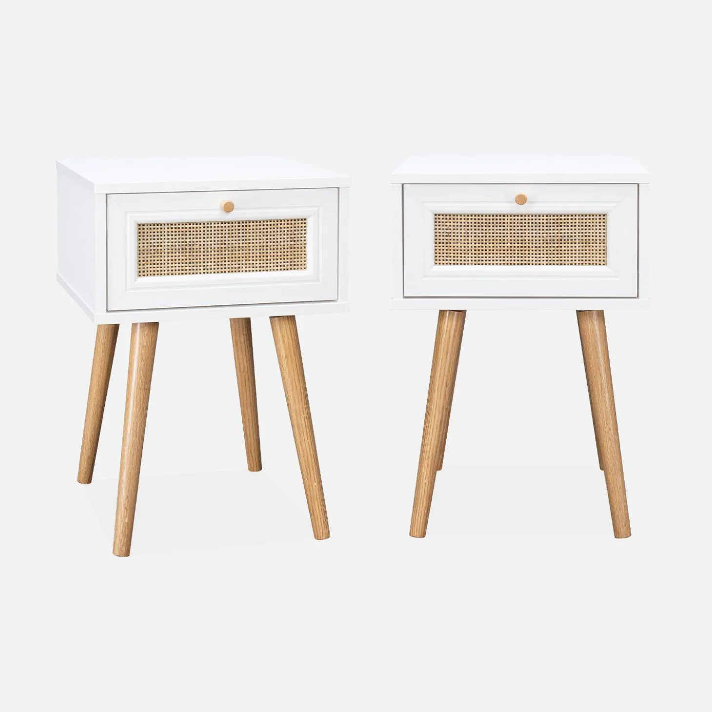 Pair of woven rattan bedside tables with drawer