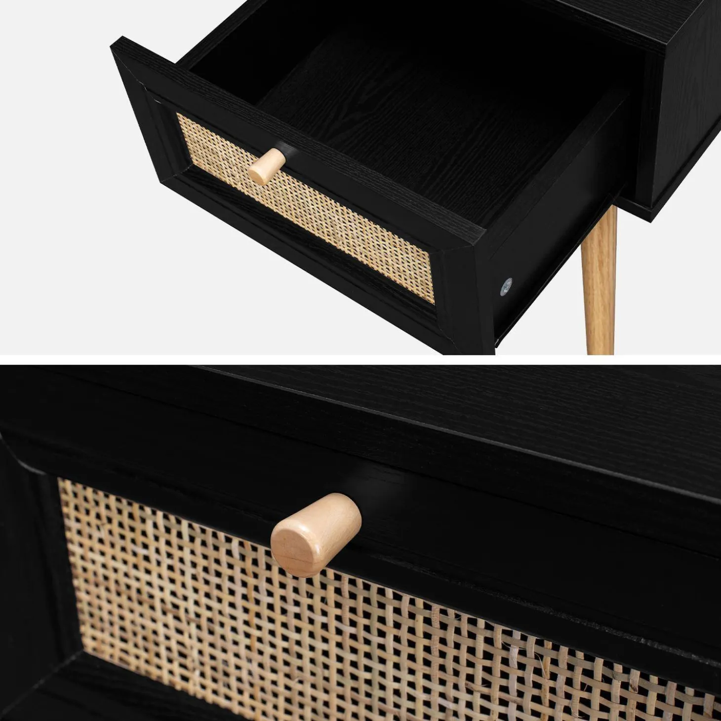 Pair of woven rattan bedside tables with drawer