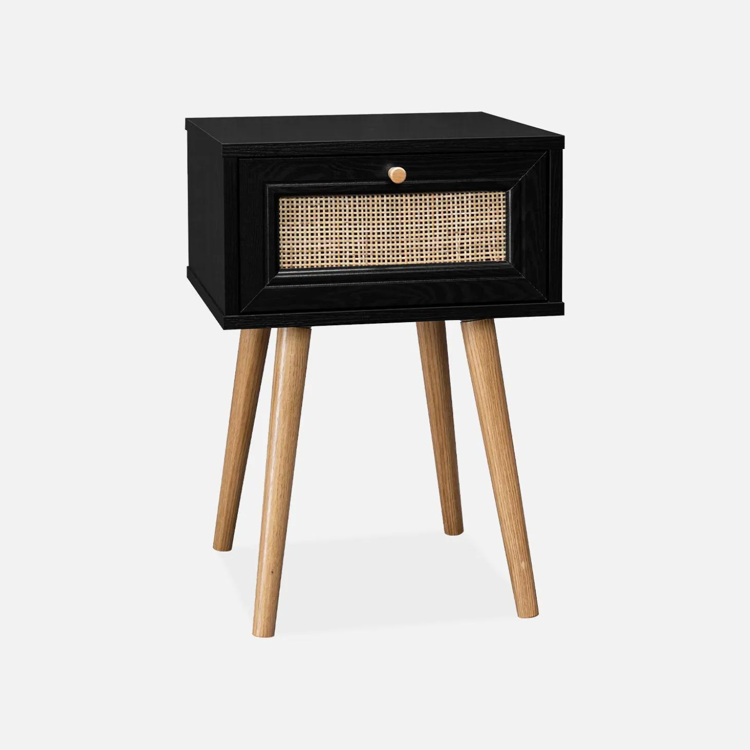 Pair of woven rattan bedside tables with drawer