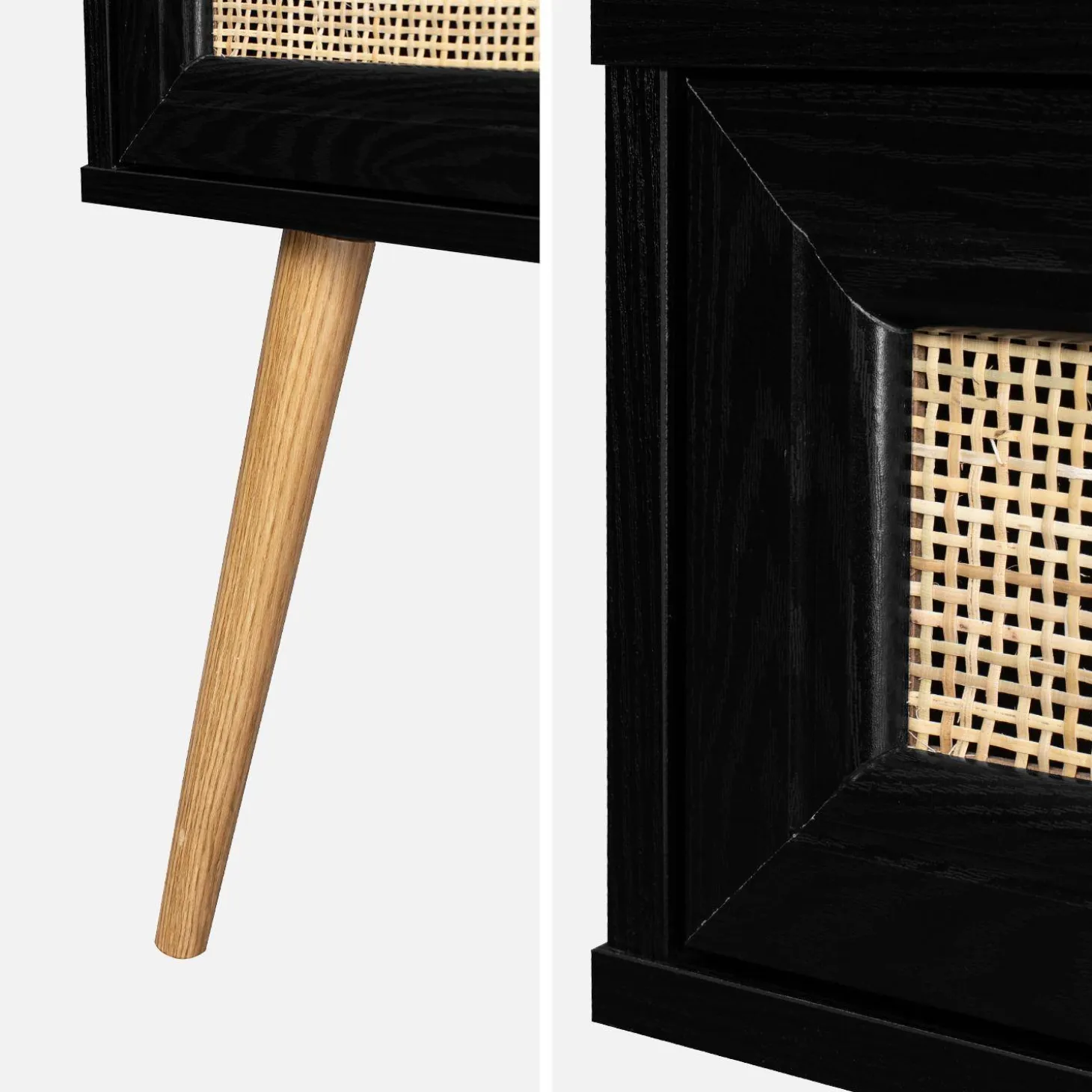 Pair of woven rattan bedside tables with drawer