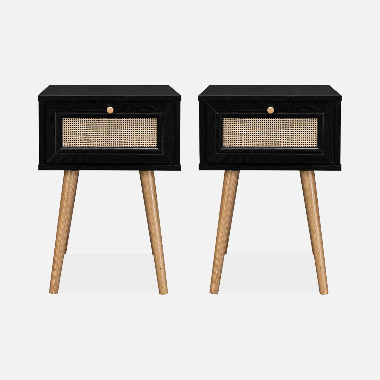 Pair of woven rattan bedside tables with drawer