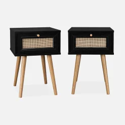 Pair of woven rattan bedside tables with drawer