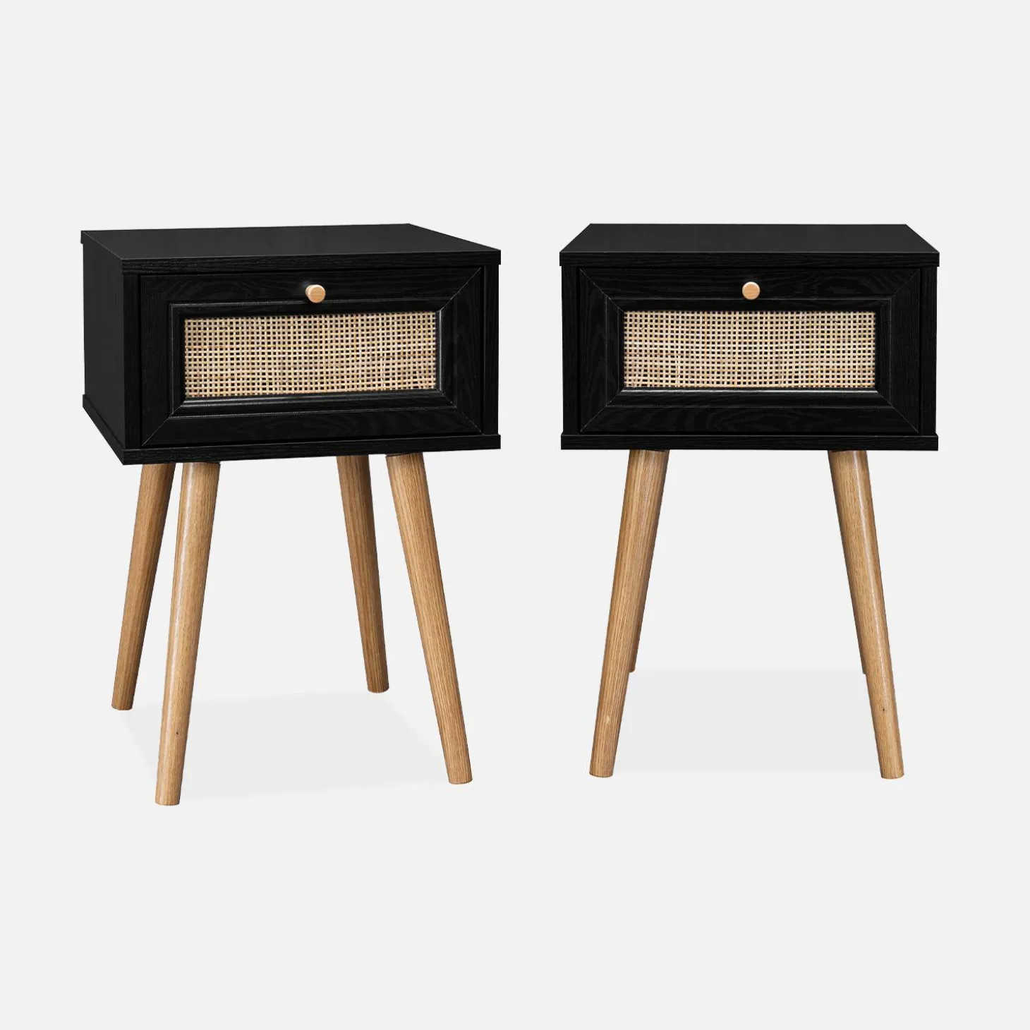 Pair of woven rattan bedside tables with drawer