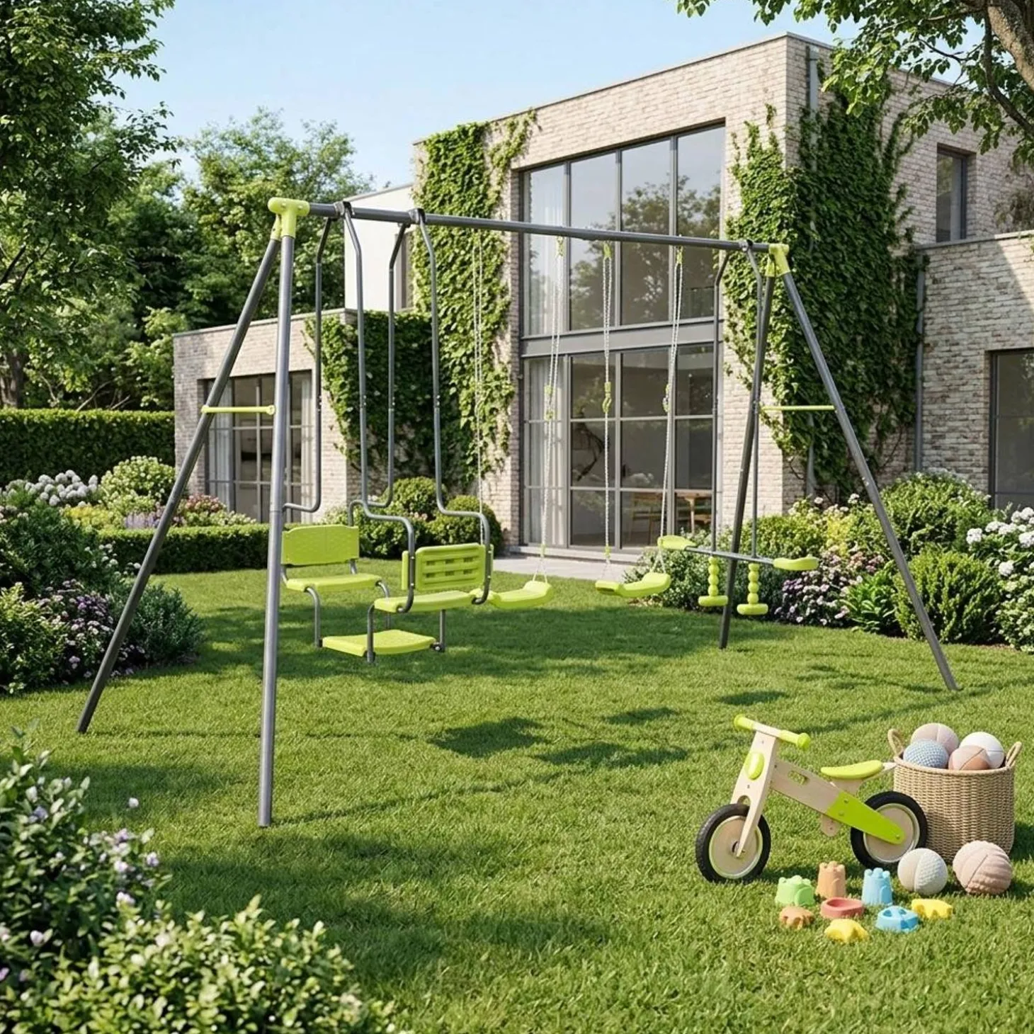 4-piece swing set with 2 swings, tandem swing and glider swing