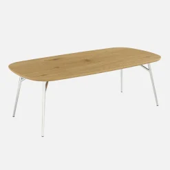 Rectangular coffee table with chrome legs and wood decor