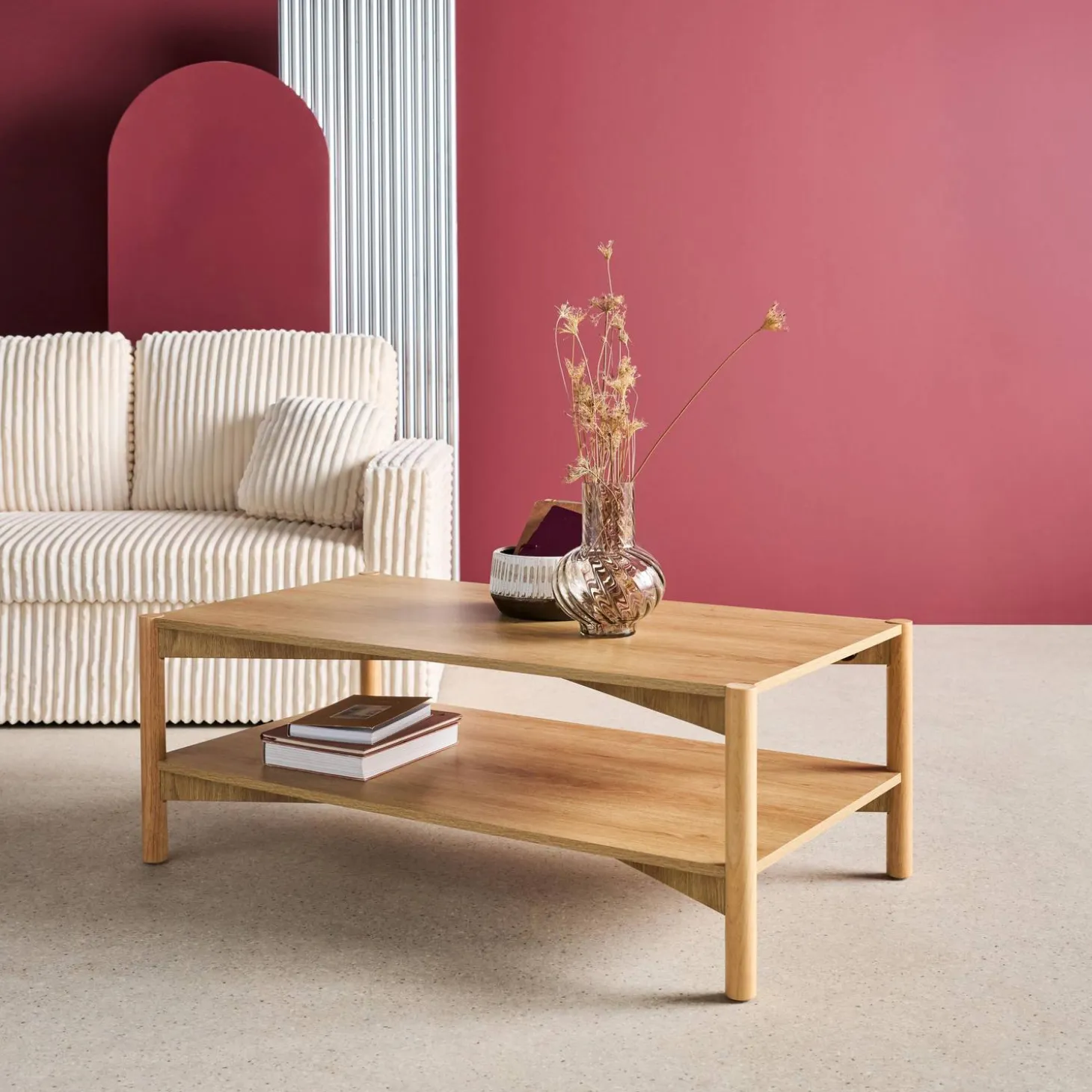 Rectangular coffee table wood decor double tray