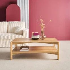 Rectangular coffee table wood decor double tray