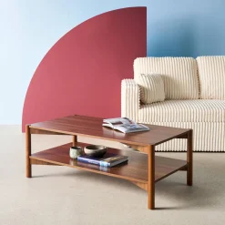 Rectangular coffee table wood decor double tray