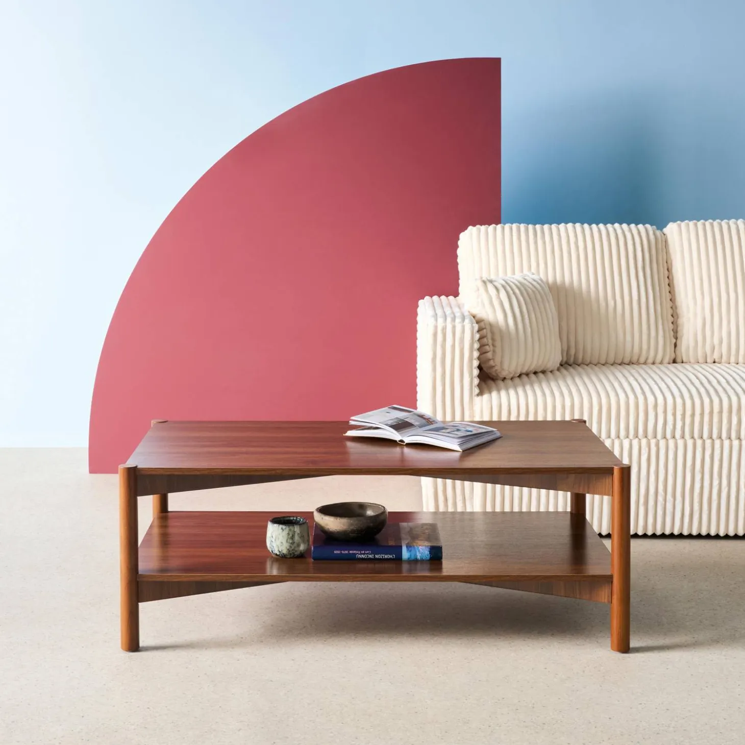 Rectangular coffee table wood decor double tray