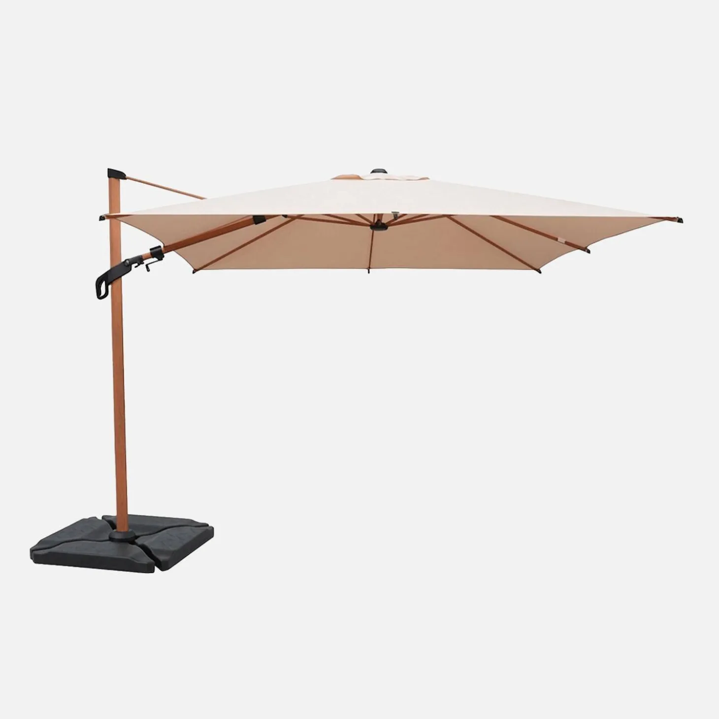 Rectangular offset parasol 3x4m, wood effect mast + 50x50cm ballast slabs