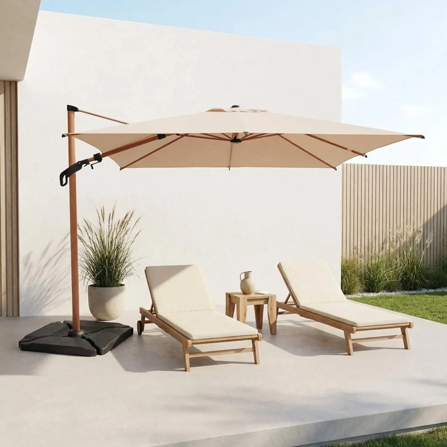 Rectangular offset parasol 3x4m, wood effect mast + 50x50cm ballast slabs