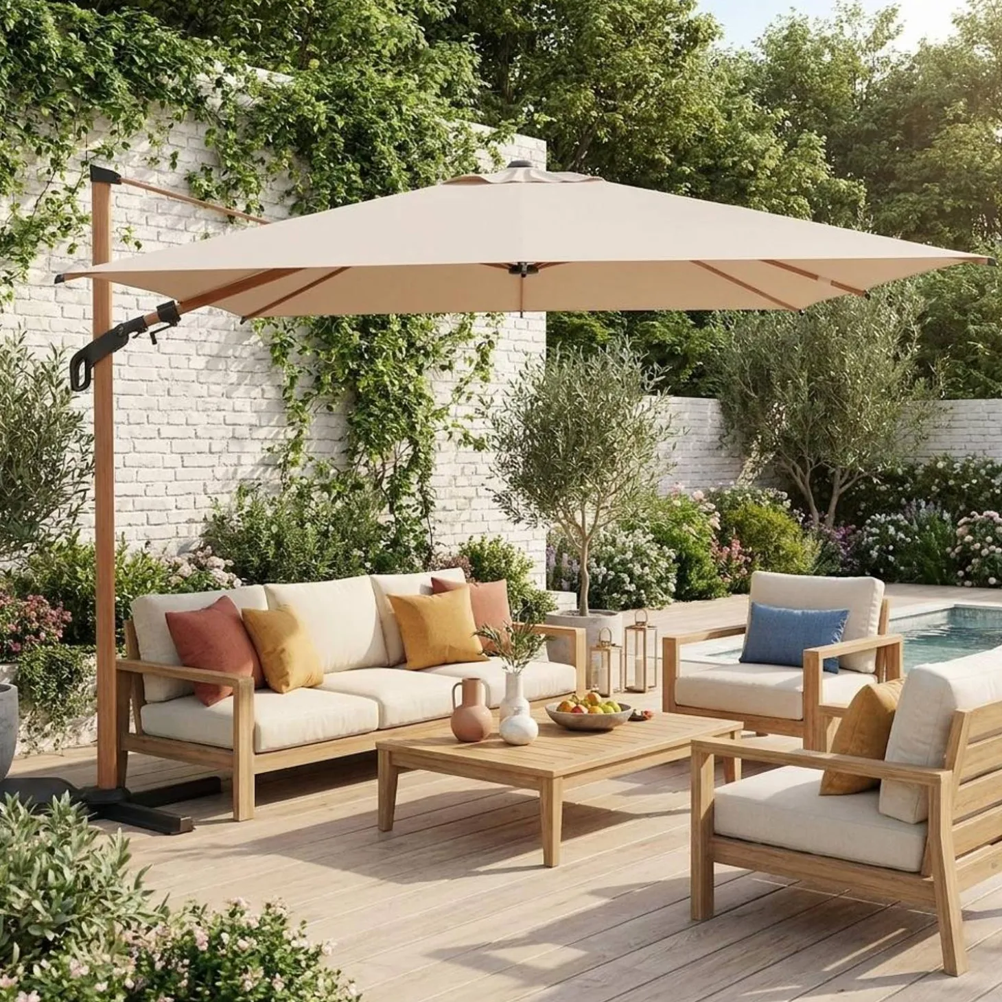 Rectangular offset parasol 3x4m, wood effect pole