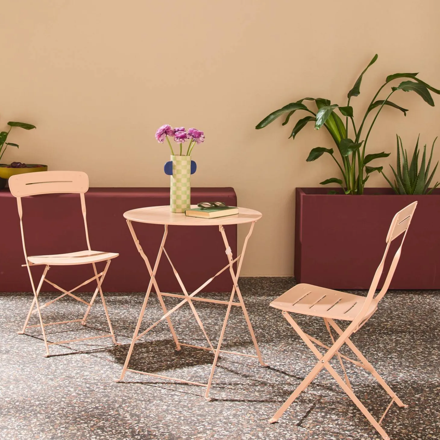 Round bistro garden table, steel, folding + 2 chairs