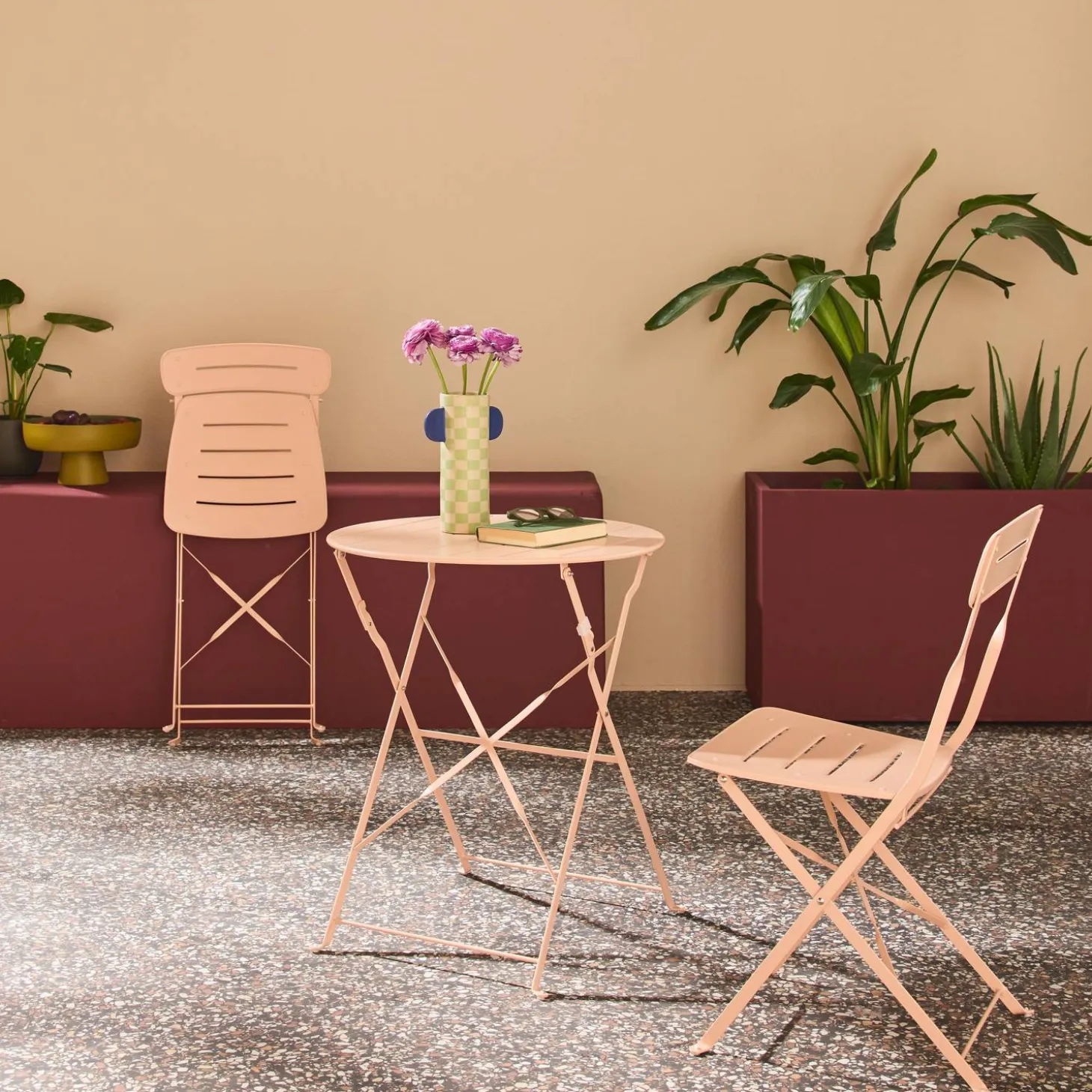 Round bistro garden table, steel, folding + 2 chairs