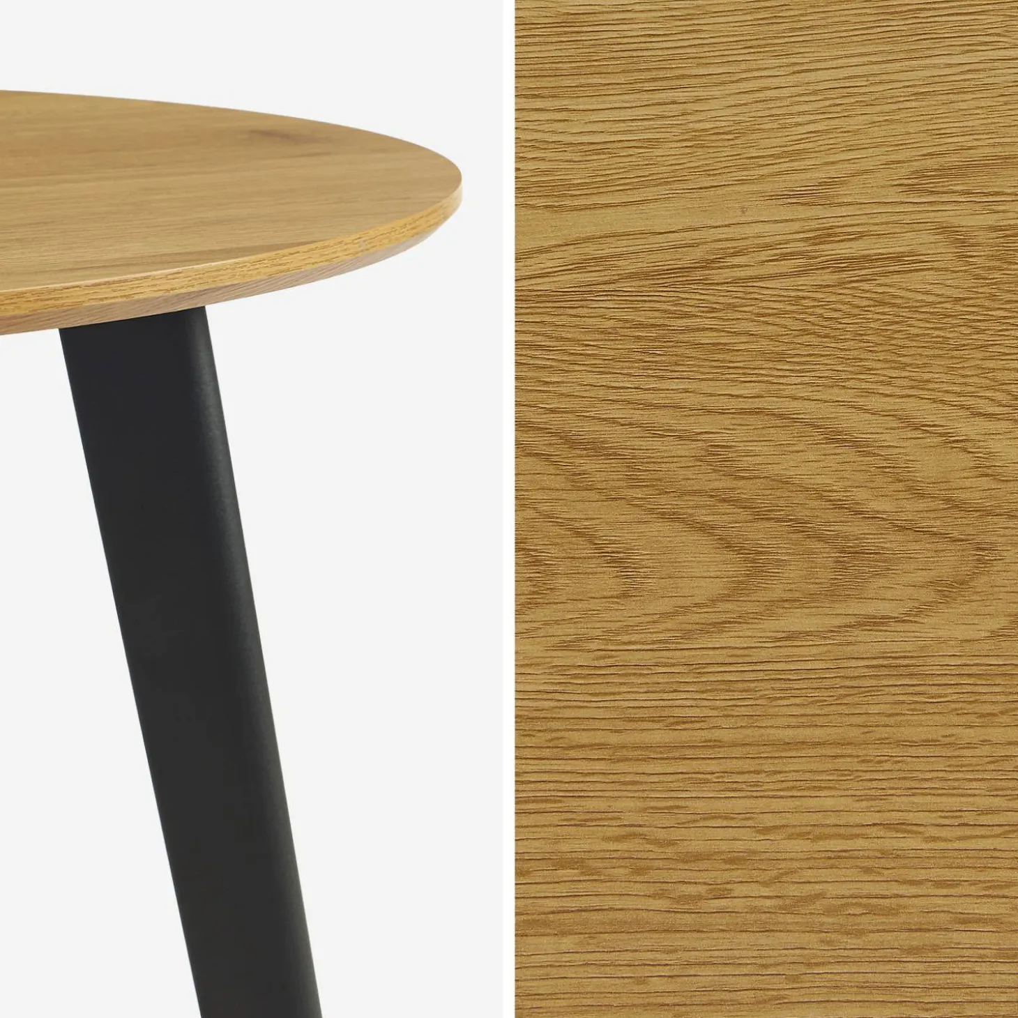 Round dining table wood effect black metal legs 4-seater