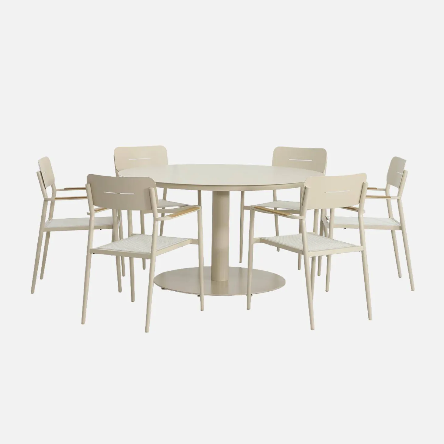 Round garden table aluminium + 6 armchairs