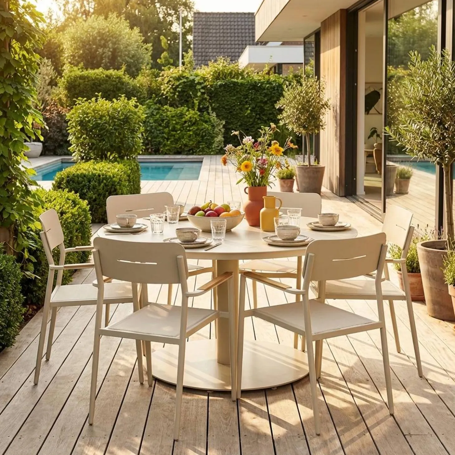 Round garden table aluminium + 6 armchairs