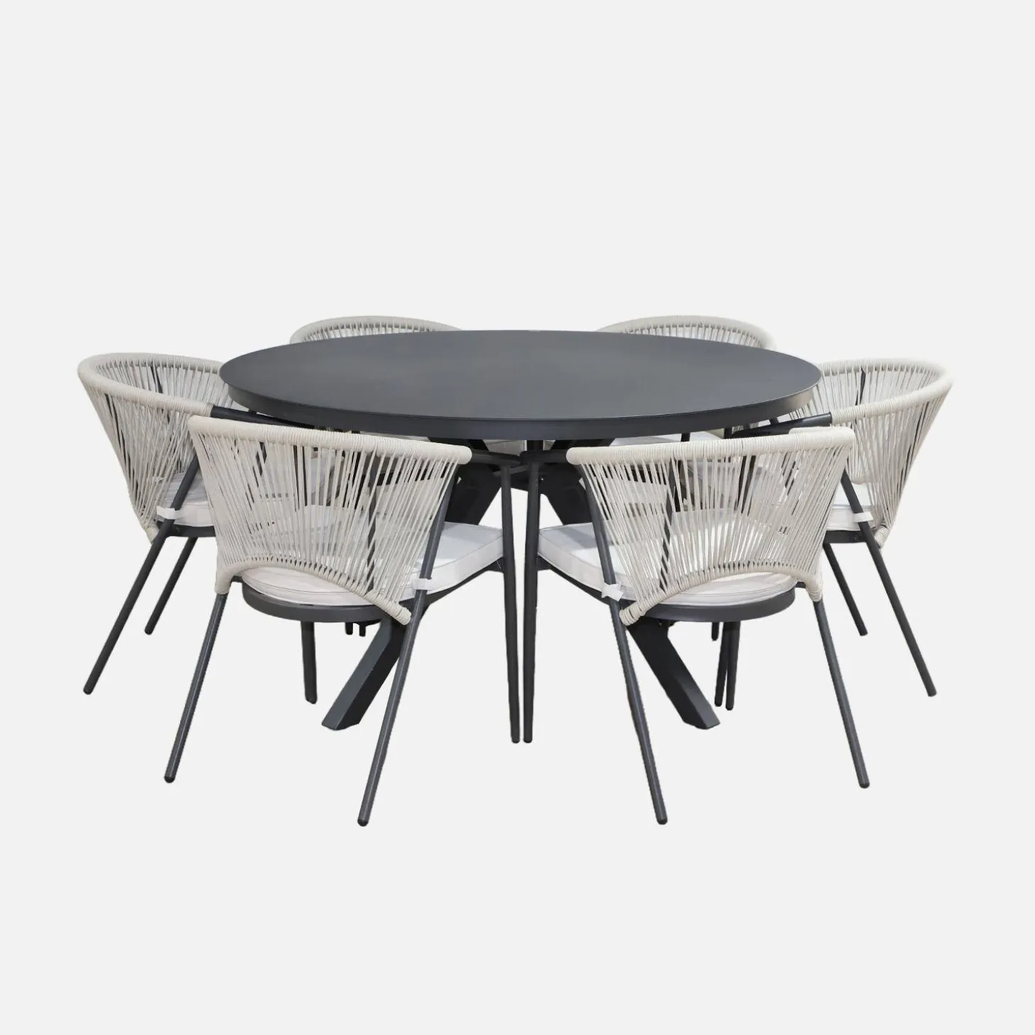 Round garden table aluminium and glass + 6 armchairs