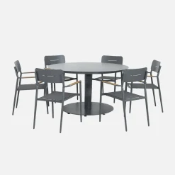 Round garden table aluminium + 6 armchairs