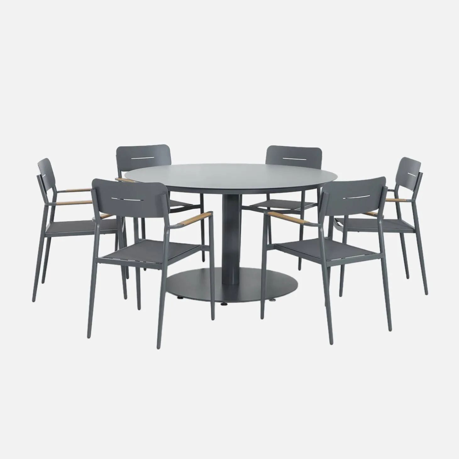 Round garden table aluminium + 6 armchairs