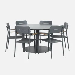 Round garden table aluminium + 6 armchairs