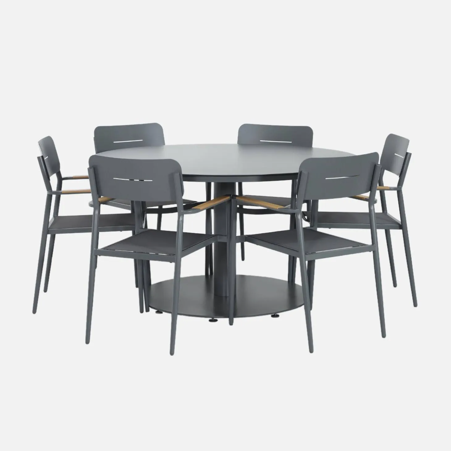Round garden table aluminium + 6 armchairs