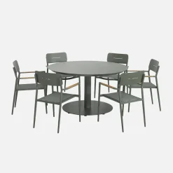 Round garden table aluminium + 6 armchairs