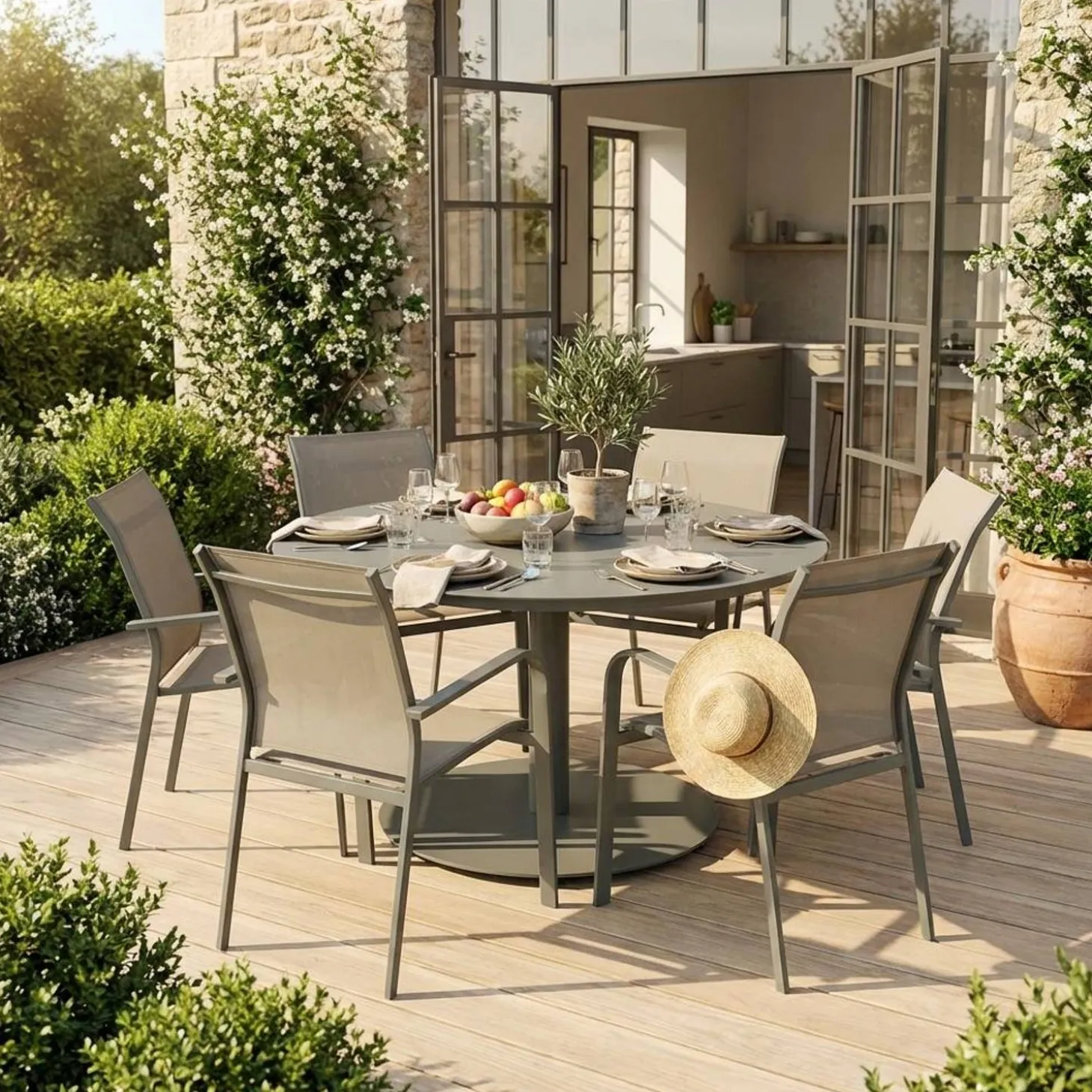 Round garden table Ø140cm aluminium + 6 chairs