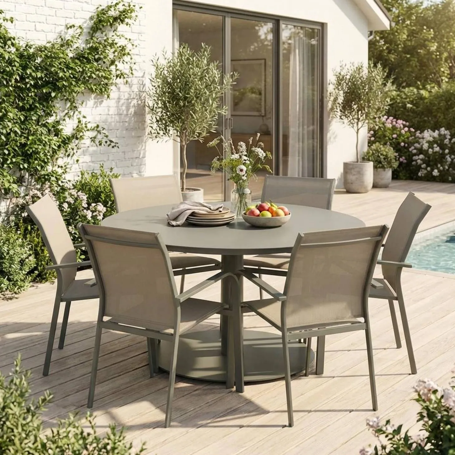 Round garden table Ø140cm aluminium + 6 chairs